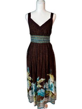 Midnight Velvet Silk Floral Sequin Empire Waist Midi Dress Size 10 Boho